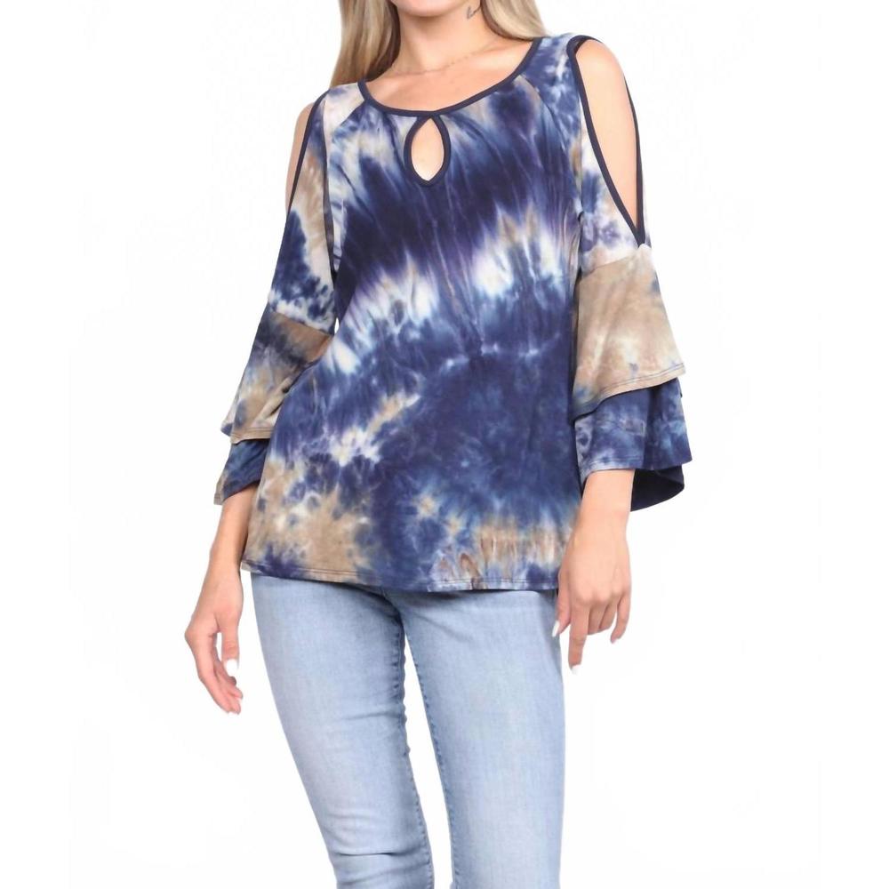 NEW COLLECTIVE RACK bell sleeve tie dye top with keyhole in blue